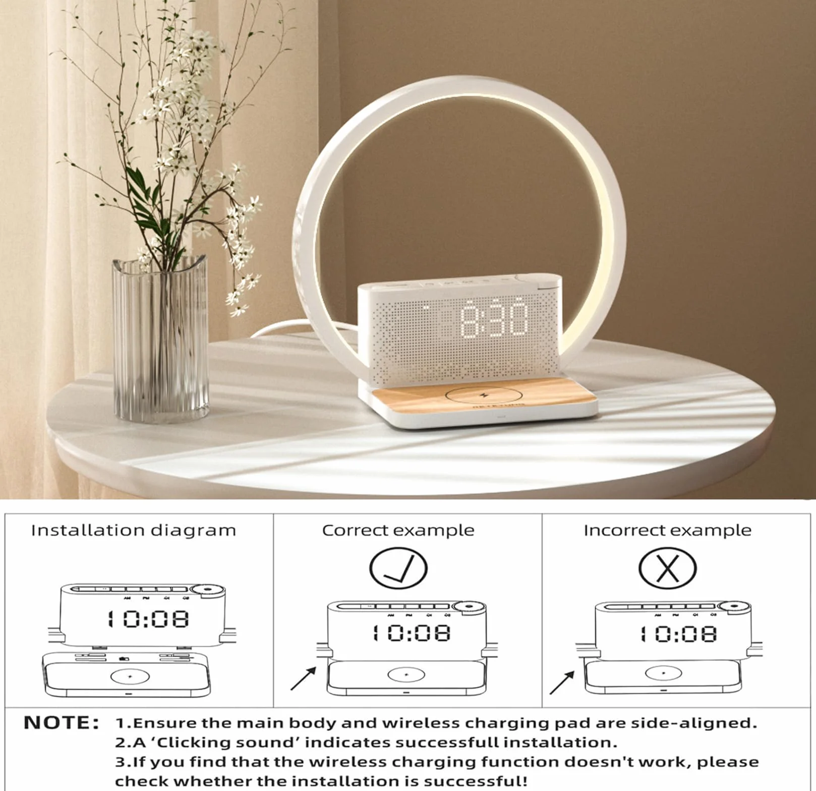Lampe de chevet tactile avec chargeur sans fil Qi 10W, réveil lumineux 10 sons, 3 niveaux de luminosité chambre