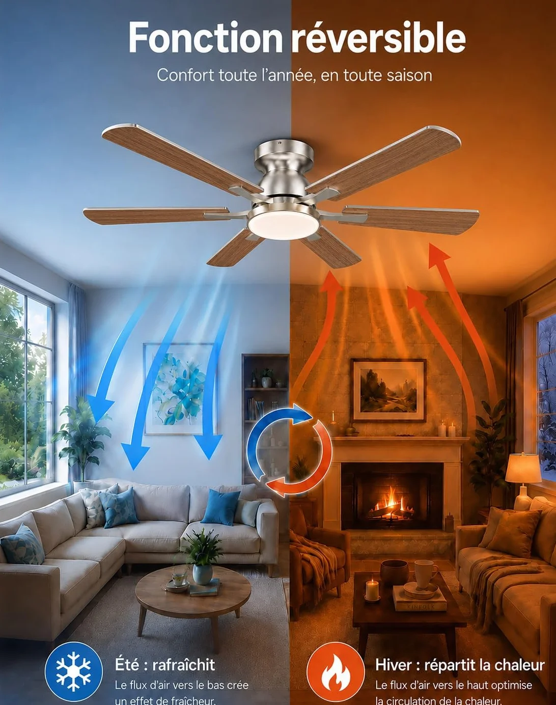 Airwit Ventilateur de Plafond 132 cm avec Lumière LED, Pales Double Face Bois & Argent, Moteur DC Réversible, Télécommande, 6 Vitesses
