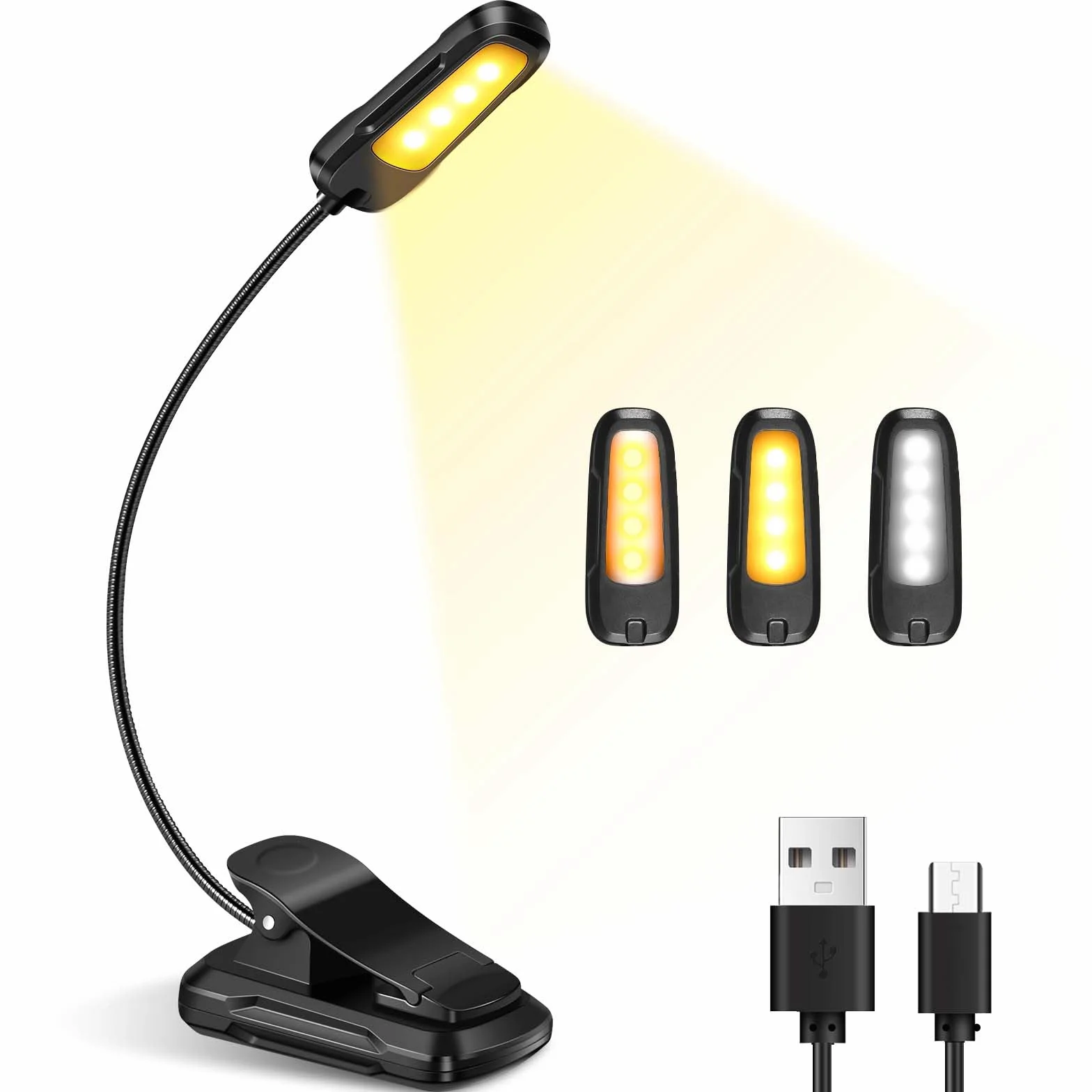 Diboniur Lampe de Lecture LED Rechargeable, 3 Modes de Luminosité 3 Couleurs, 360° Cou Flexible pour Livre au Lit Voyage