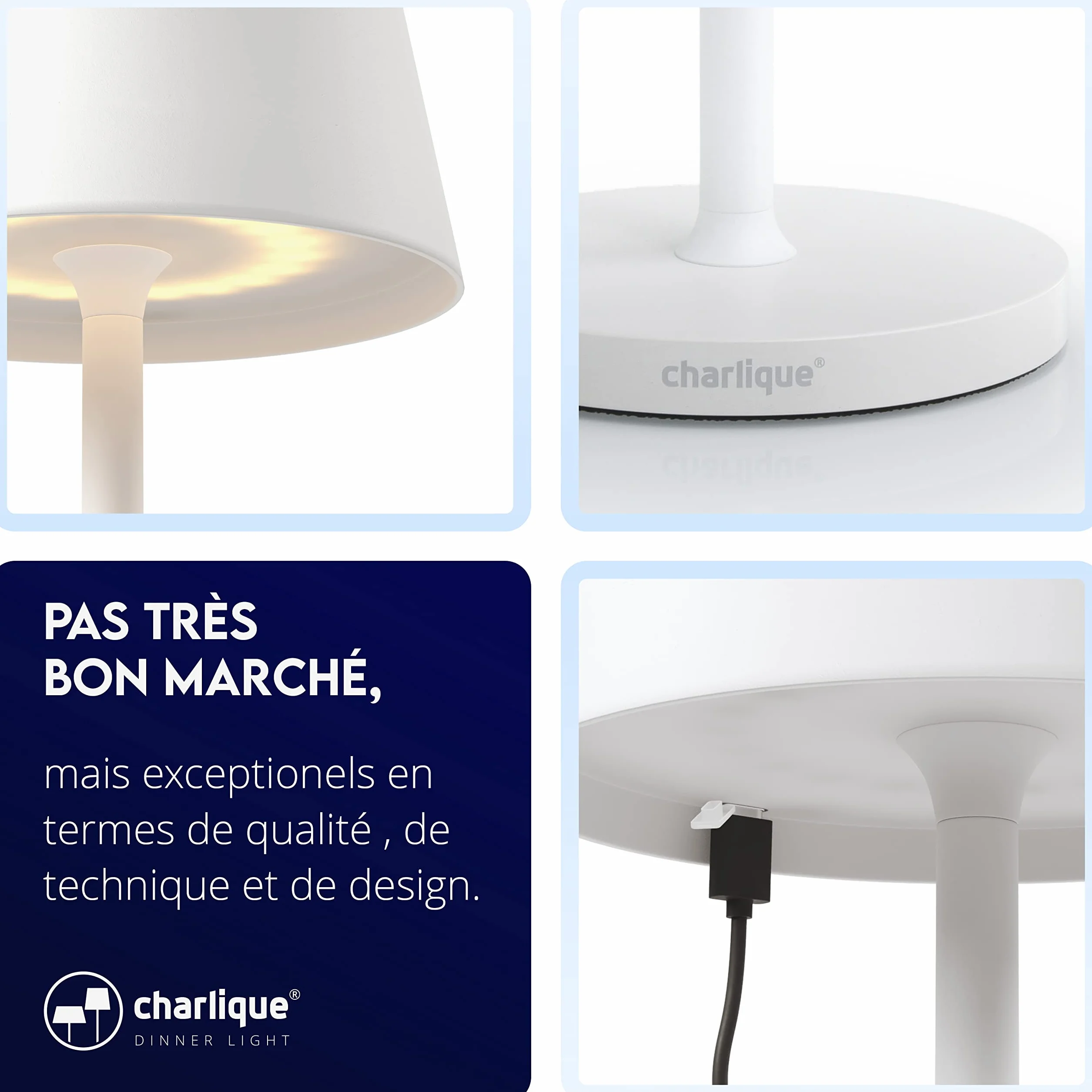 Lampe LED à poser rechargeable USB blanc double pack – lampe nomade tactile sans fil avec variateur pour extérieur