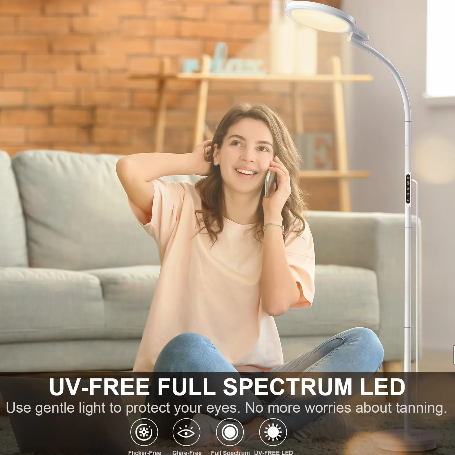 Lampe Luminothérapie 10000 Lux Lampadaire Rond 3-en-1 Télécommande Contrôle Tactile Col de Cygne Ajustable