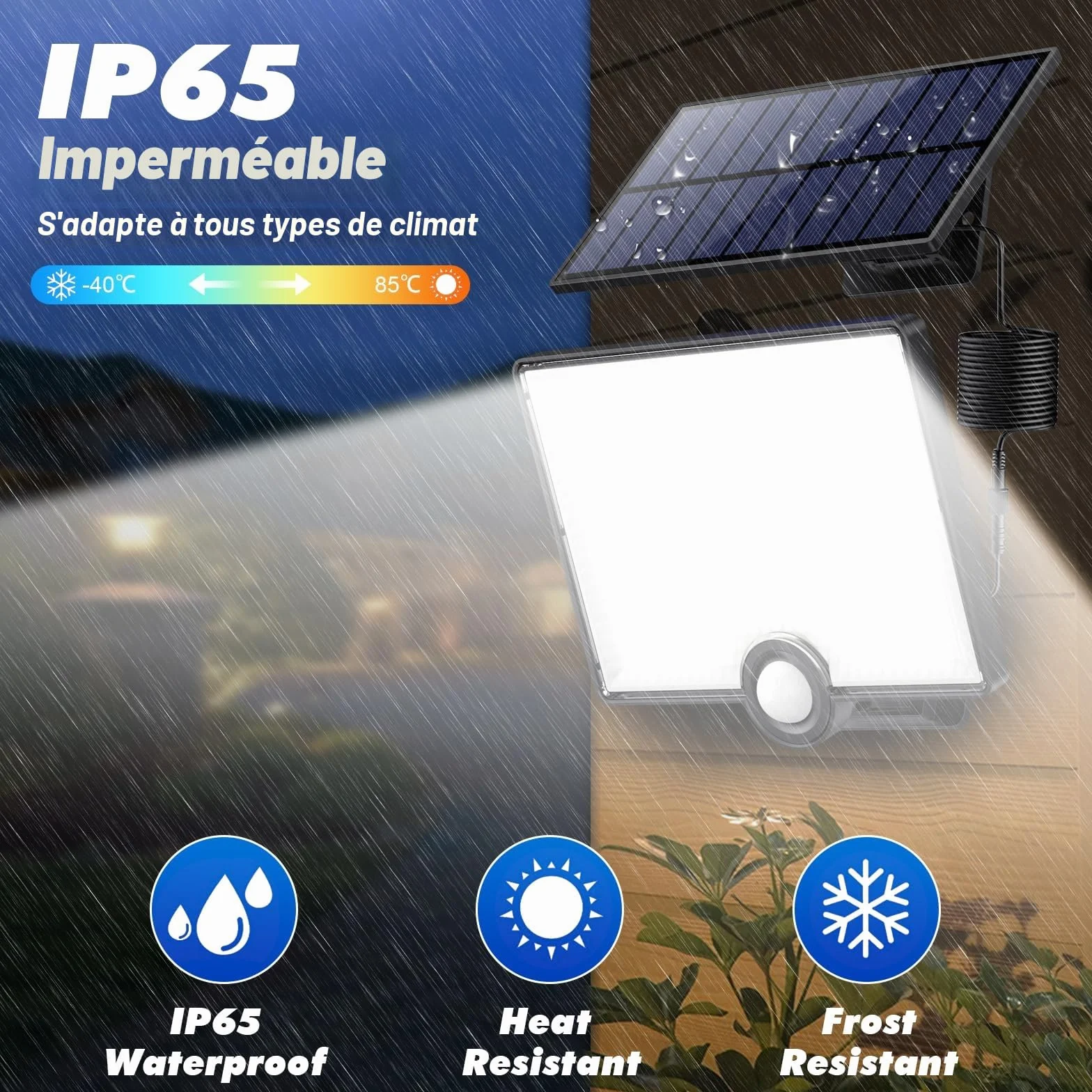 Lampe Solaire Extérieure avec Détecteur de Mouvement 204LED 2000LM IP65 Étanche, Spot LED avec Câble 16,4ft pour Jardin Garage