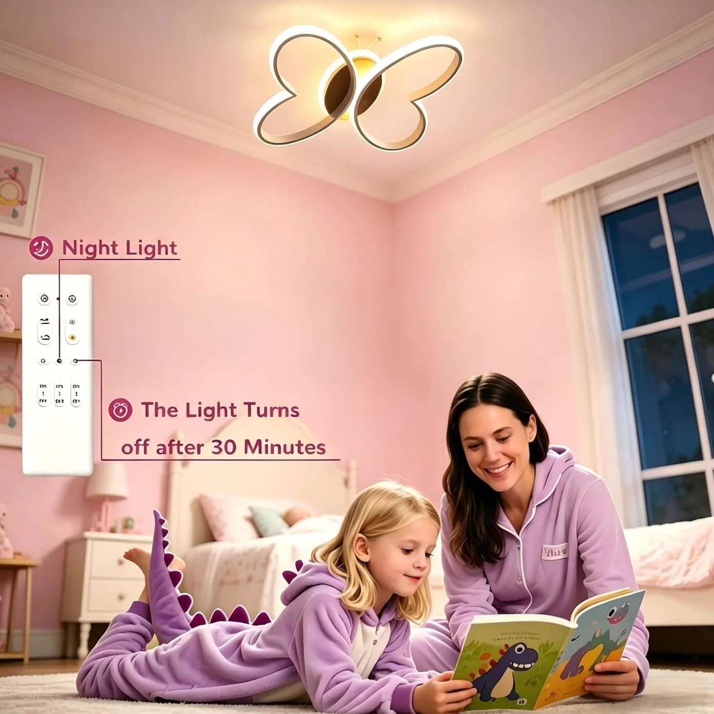 Lampe Plafond Chambre Enfant 58W LED Avec Télécommande Fonction Veilleuse Papillon Blanc