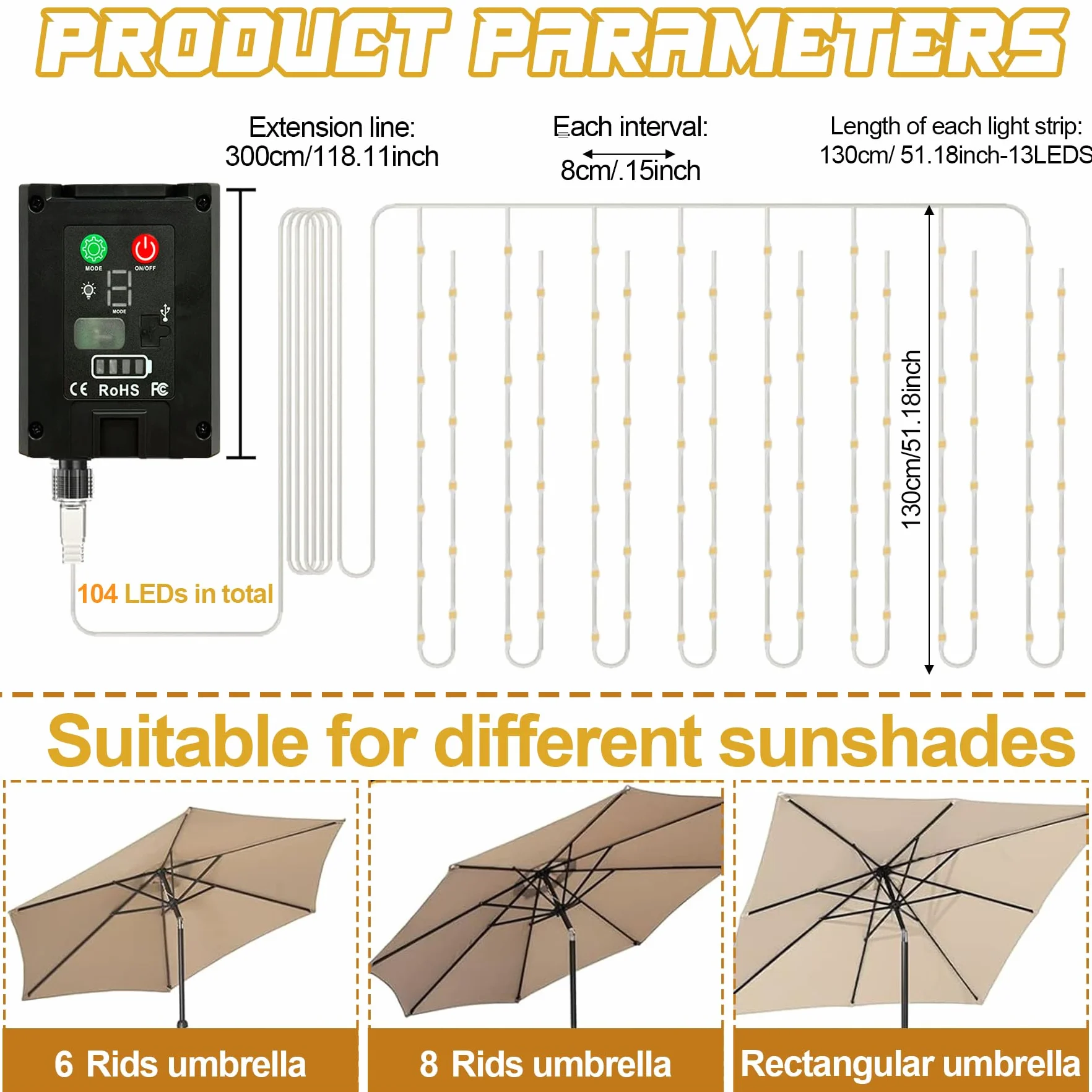 VEEKAY Lumières Solaires De Parapluie 104 LED 8 Modes Avec Télécommande