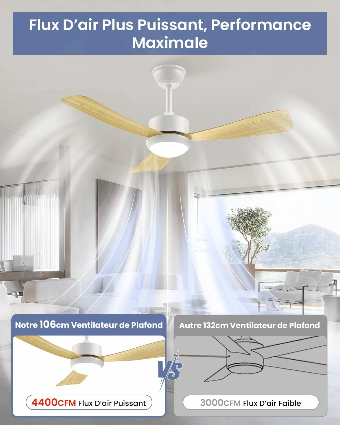 Airwit Ventilateur Plafond avec Lumière 106cm, Pales Bois, Silencieux, Télécommande, LED Dimmable, Moteur DC Réversible, 6 Vitesses