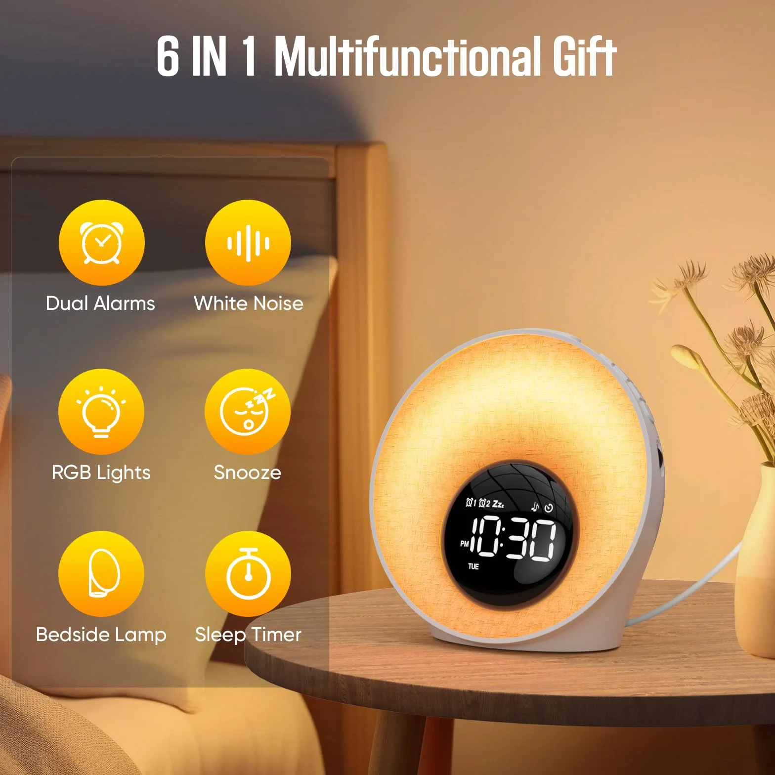 Réveil Lumineux Simulateur d'Aube avec 7 Sonneries, 30 Sons Naturels, 20 Niveaux de Luminosité, 13 Couleurs pour Enfant/Adulte
