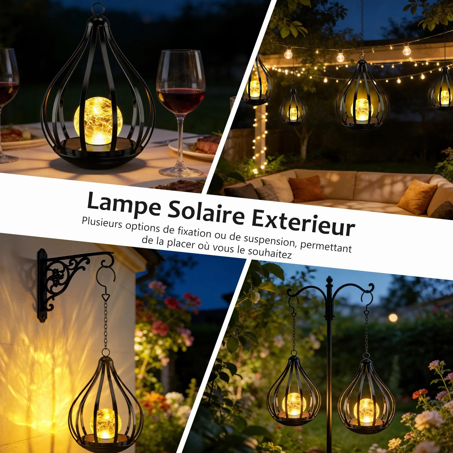 Lanterne Solaire Extérieure IP65 Étanche Sphère Craquelée 2 Pièces Jardin Terrasse Balcon