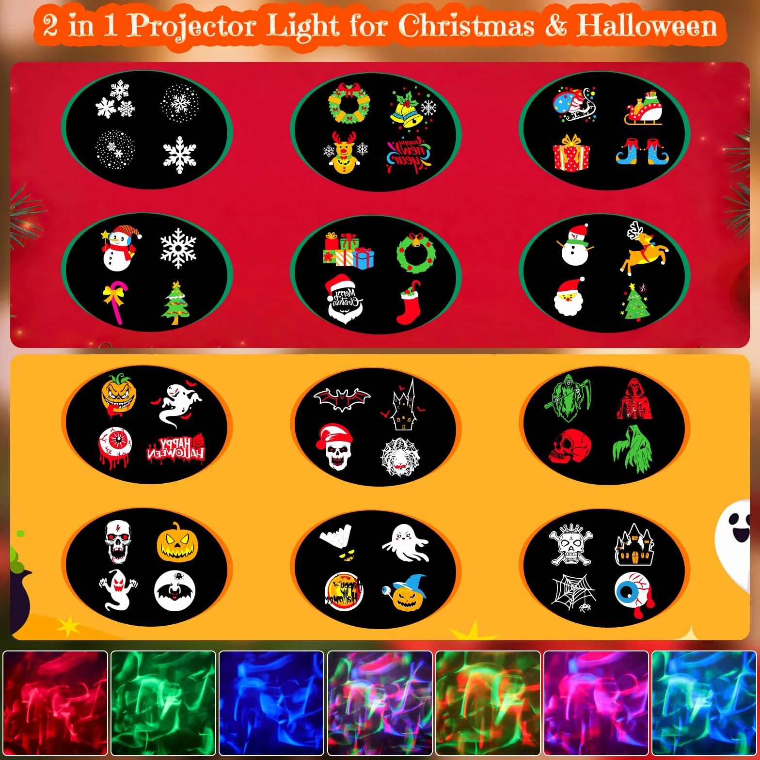 Projecteur LED Noël Extérieur 2 en 1 avec 12 Diapositives 7 Couleurs Effet de Vague d'eau