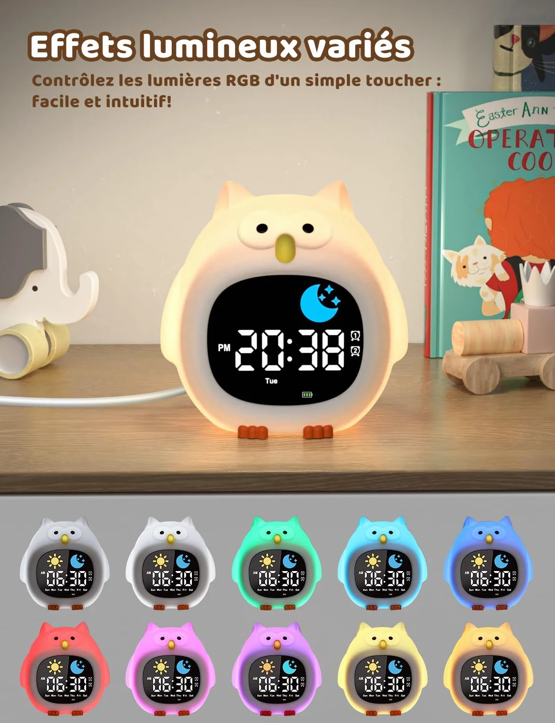 YISSVIC Réveil Enfant Éducatif avec Alarme Lumineuse 7 Couleurs 10 Chansons Hibou
