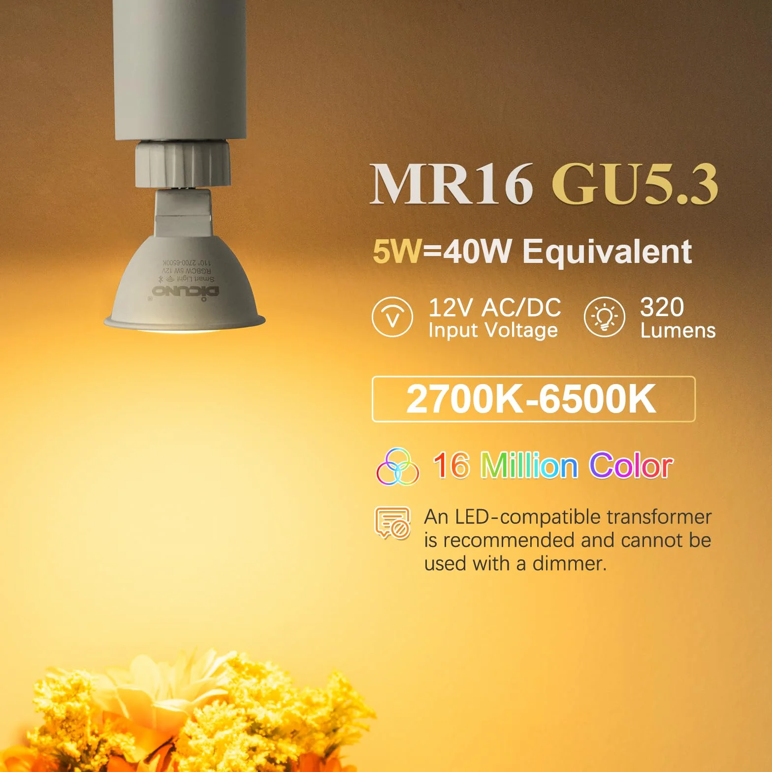 DiCUNO Ampoule Connectée LED GU5.3 MR16 WiFi Intelligente Compatible Alexa Google Home 12V 5W Dimmable 2700K-6500K RGBCW 320LM Sans Hub 4 Pièces