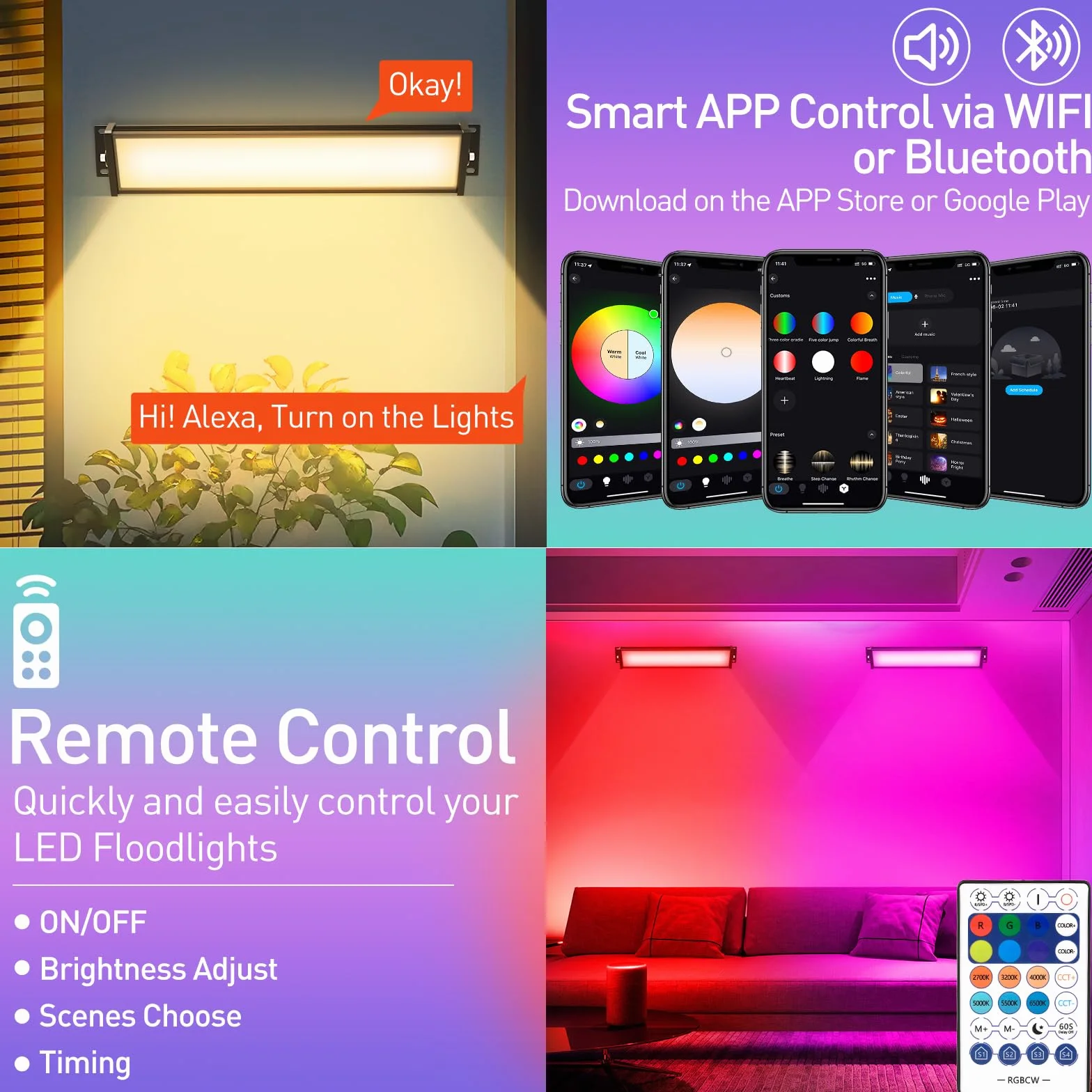 T-SUNUS Projecteur LED RGB Exterieur 72W Barre LED RGB IP66 WiFi Bluetooth Télécommande 2 Pièces