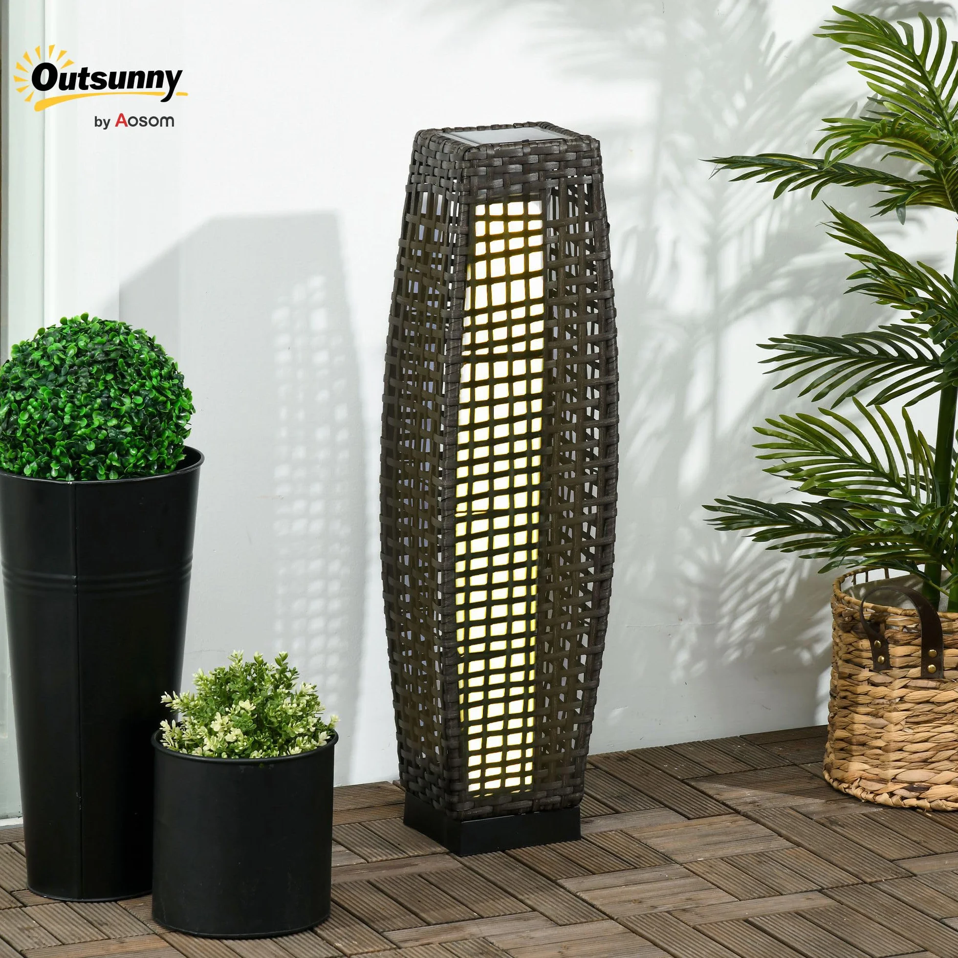 Outsunny Lampe à Poser Luminaire LED de Jardin Solaire en Résine Tressée Imitation Rotin 21 x 21 x 78 cm Gris