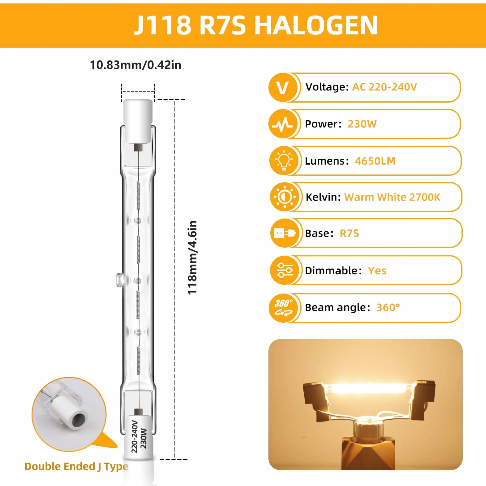 Ampoule Halogène R7S 118mm 230W Dimmable 2700K Blanc Chaud 4650LM AC 230V J118
