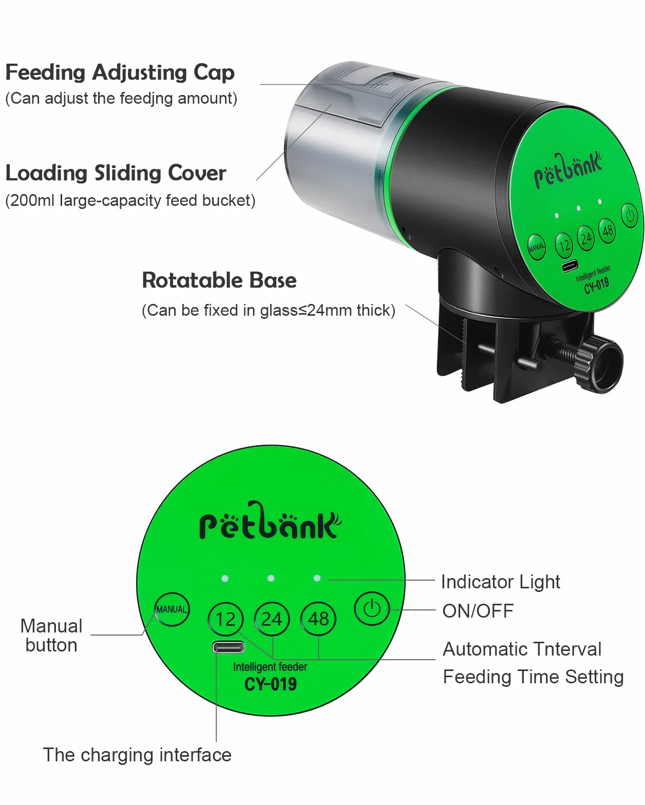 Aquarium Distributeur Automatique Poisson Nourrisseur Rechargeable Minuterie USB 200ml Vert