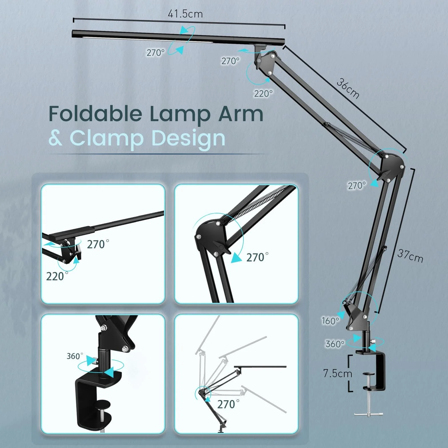 VERSKI Lampe de bureau LED 12W 5 températures de couleur et luminosité réglables avec adaptateur QC 3.0
