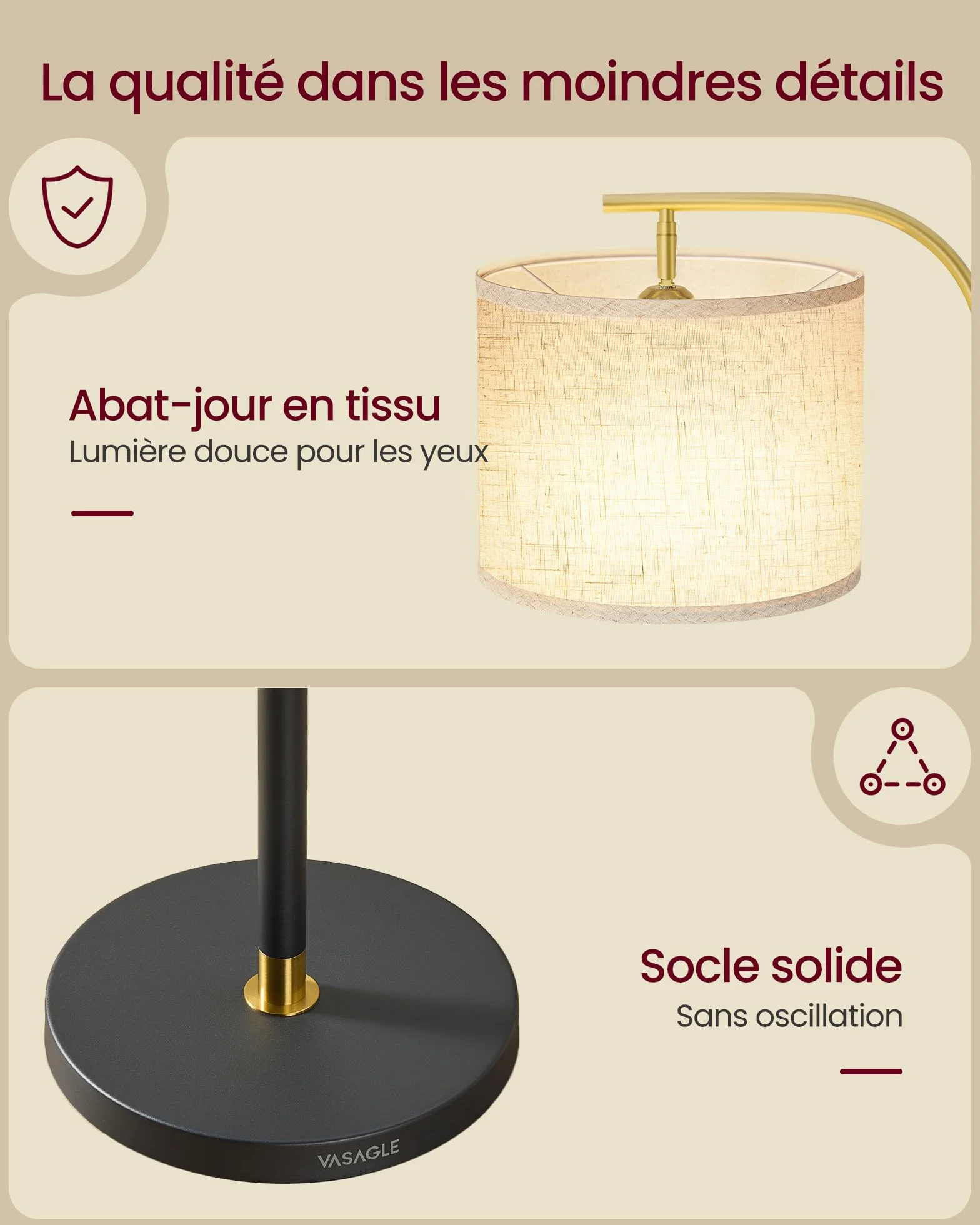 VASAGLE Lampadaire Arc Pied Réglable 150-175 cm E27 Tissu Noir Mat