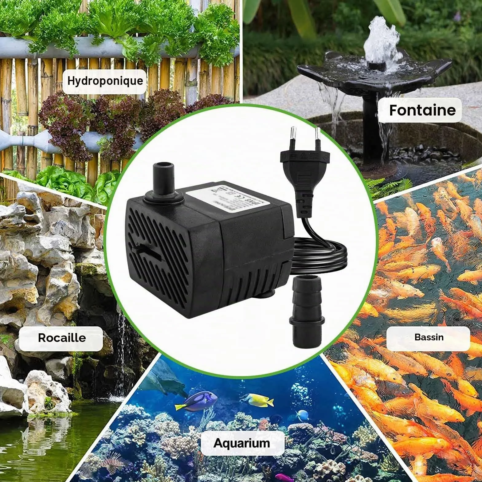Pompe à eau aquarium silencieuse 350 L/H 5 W avec câble 1,5 m 2 buses fontaine