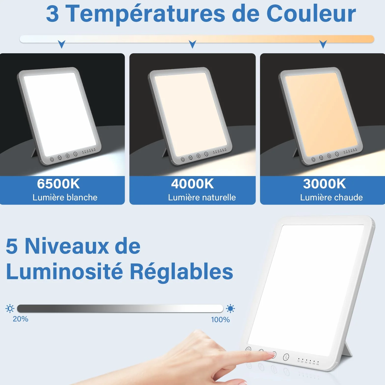 BOOTEEK Lampe de luminothérapie 15000 Lux Sans UV 3 températures de couleur 5 niveaux de luminosité 6 minuterie Fonction de Mémoire Support Pliant 180°