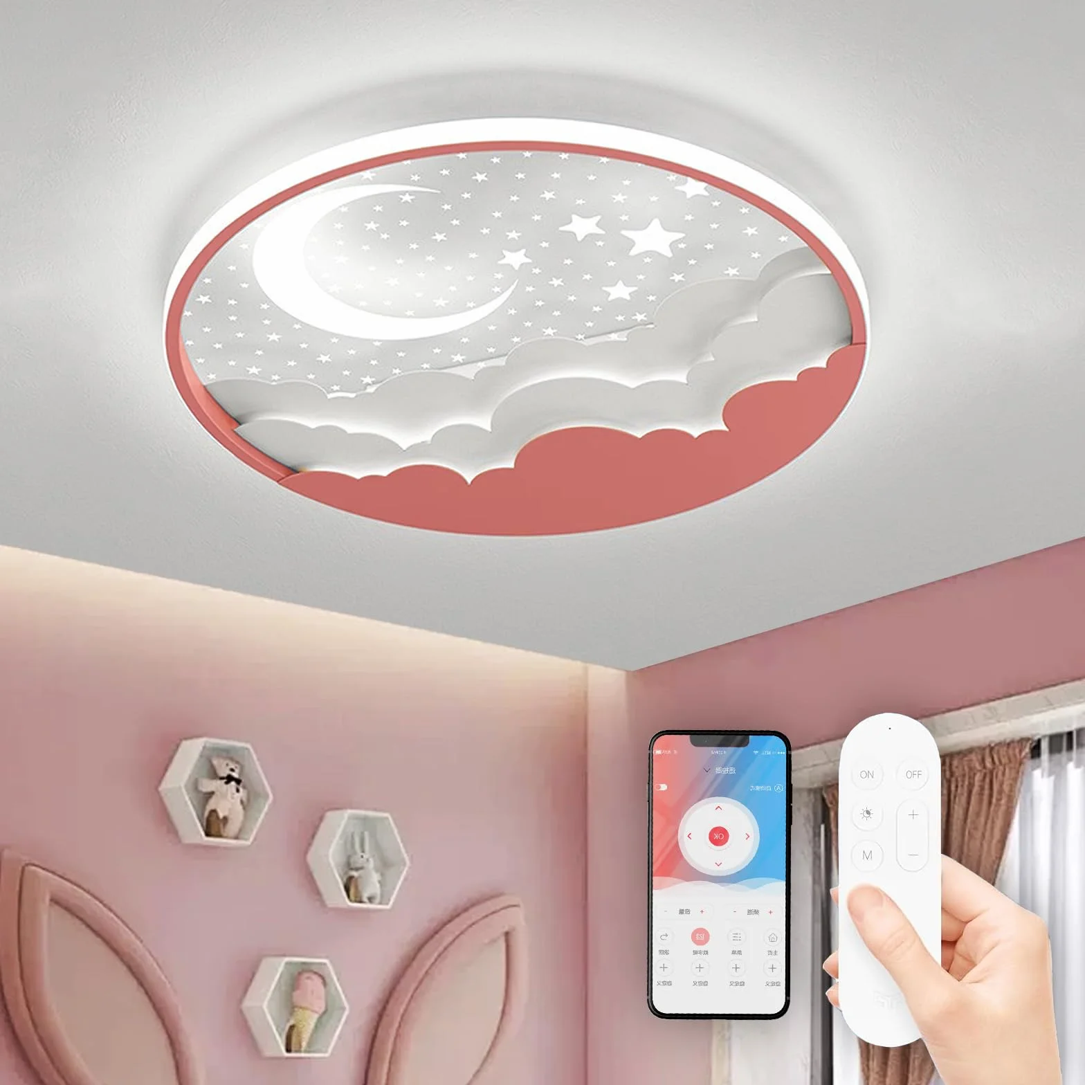 Plafonnier LED Enfants Étoile Lune 40cm Dimmable avec Télécommande 3000-6000K Rose