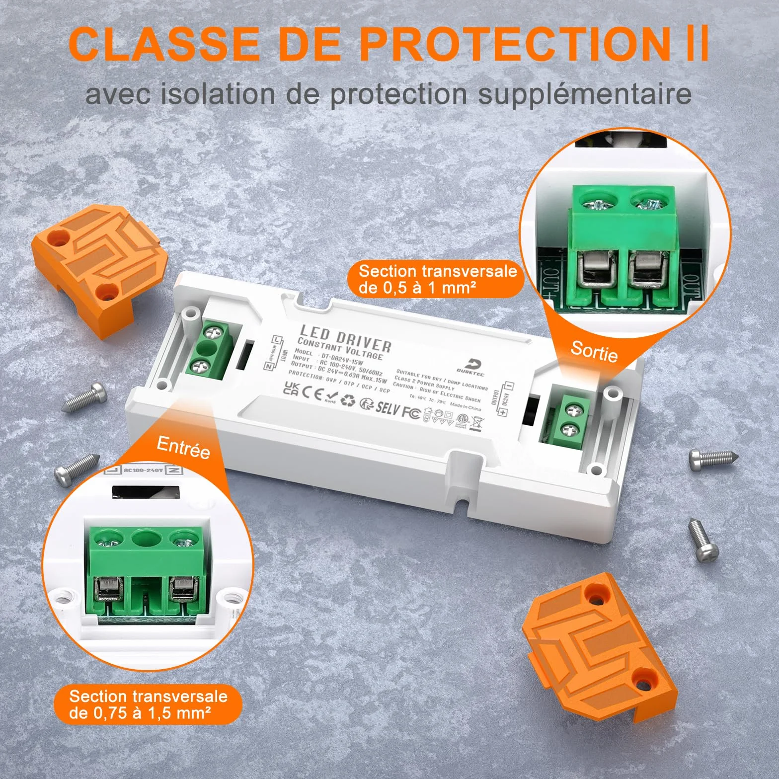 DUSKTEC Transformateur 220V à 24V Alimentation LED 15W Plat AC-DC IP44