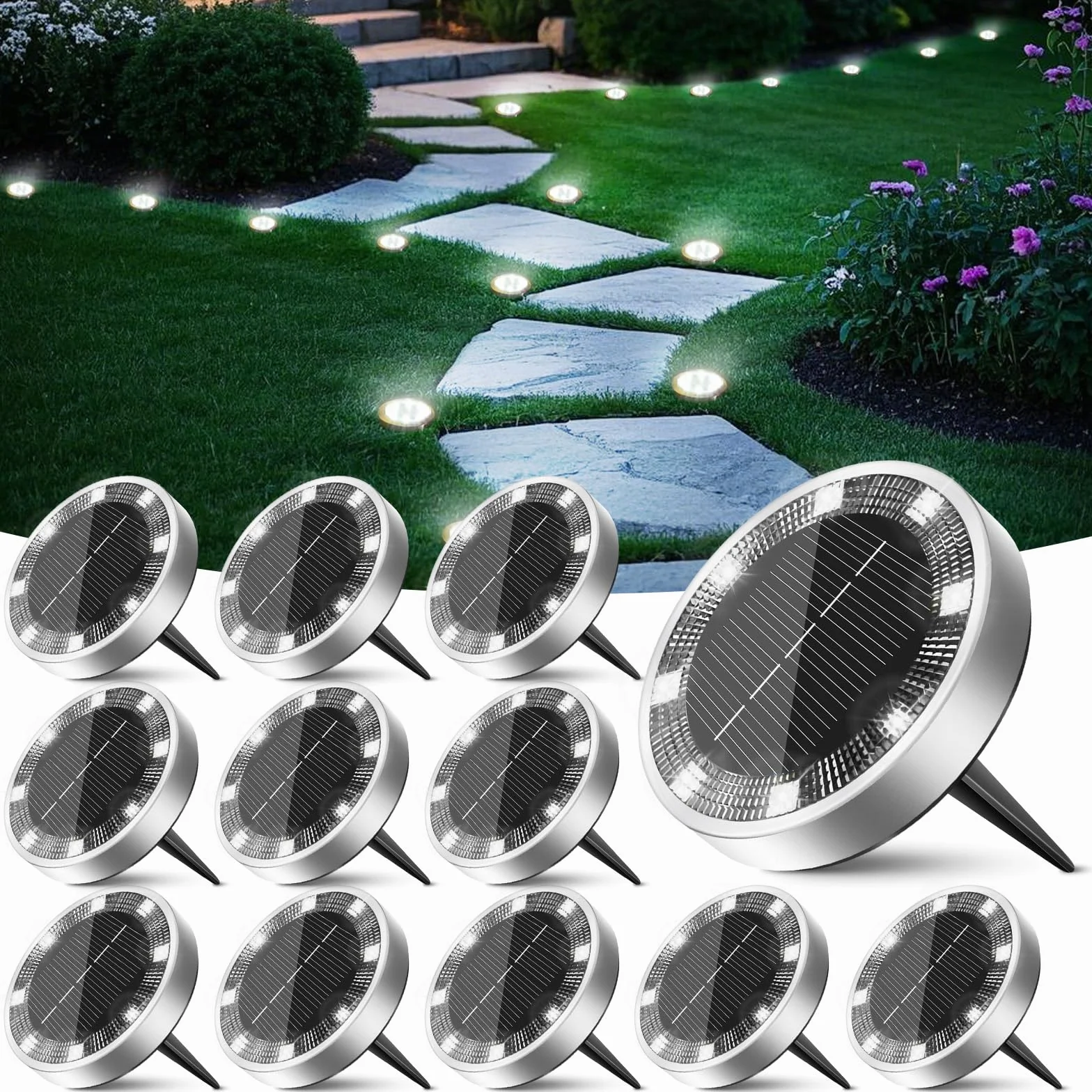 Lampe Solaire Au Sol Lot de 12, Lumiere Solaire Exterieur Jardin 8 LED, Étanche Spot Solaire Extérieur, Eclairage Solaires pour Terrasse Allée Chemins Pelouse Cour Piscine Blanc Froid