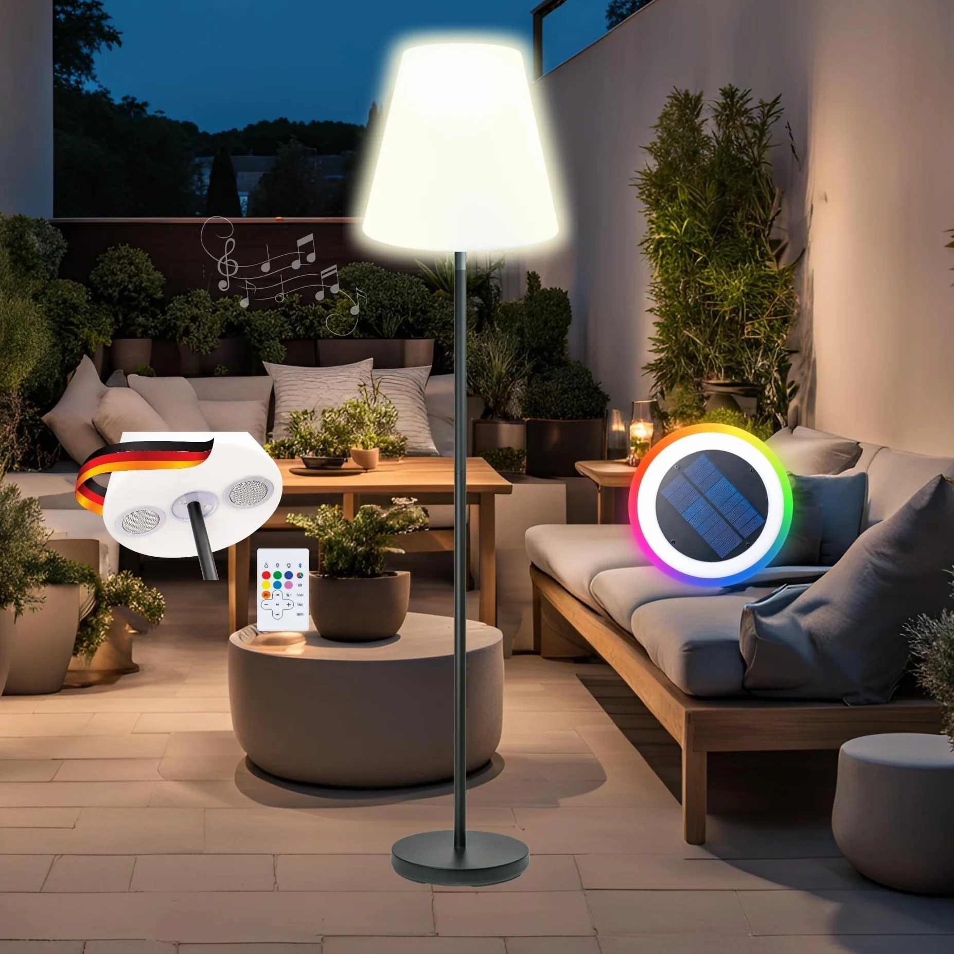 SCHWAIGER Lampe solaire d'extérieur avec haut-parleur Bluetooth IP44 1,5m