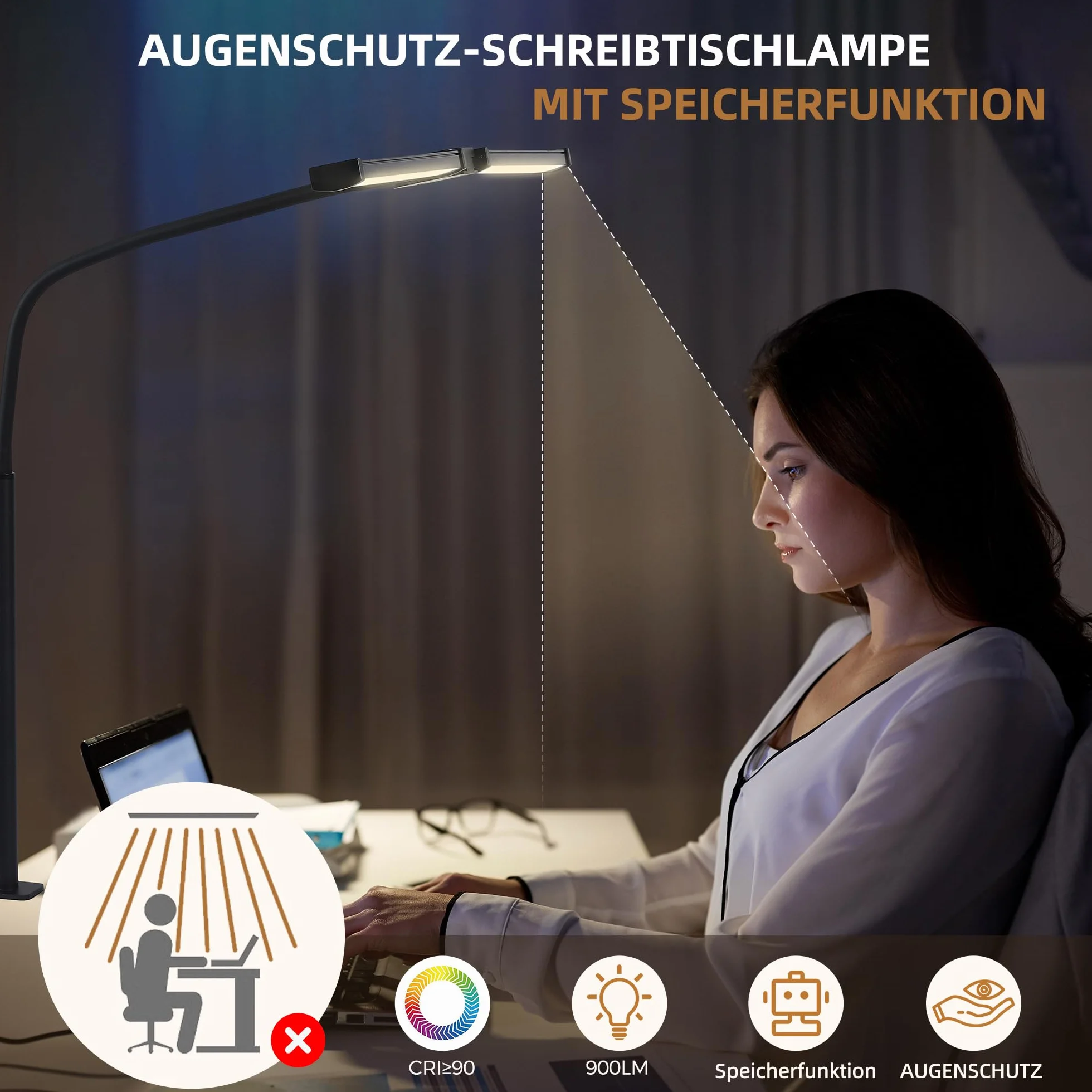 Lampe de Bureau LED, Double Tête, 5 Modes Couleur 5 Niveaux Luminosité, Col de Cygne Flexible