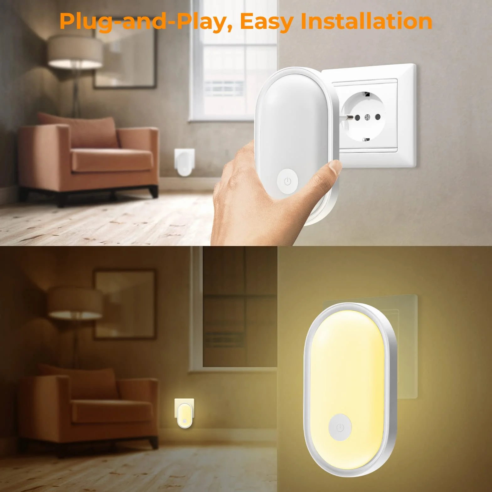 Alyvisun Veilleuse Prise Electrique Enfant avec Capteur de Crépuscule Tactile Dimmable, Blanc Chaud