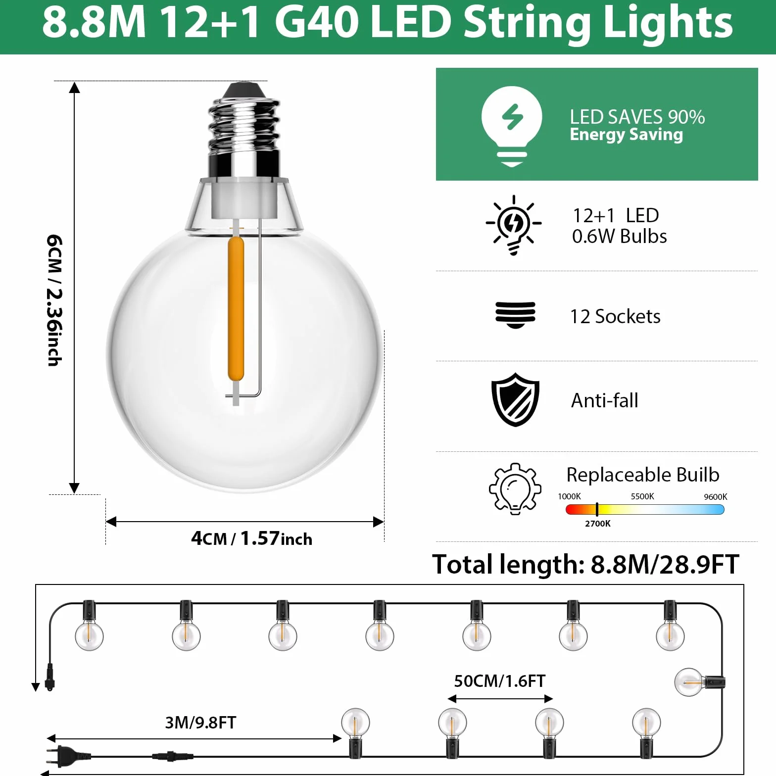 FIFlying Guirlande Guinguette Exterieur 9M/29FT G40 12+1 LED Lumineuse 2700K Blanc Chaud Imperméable
