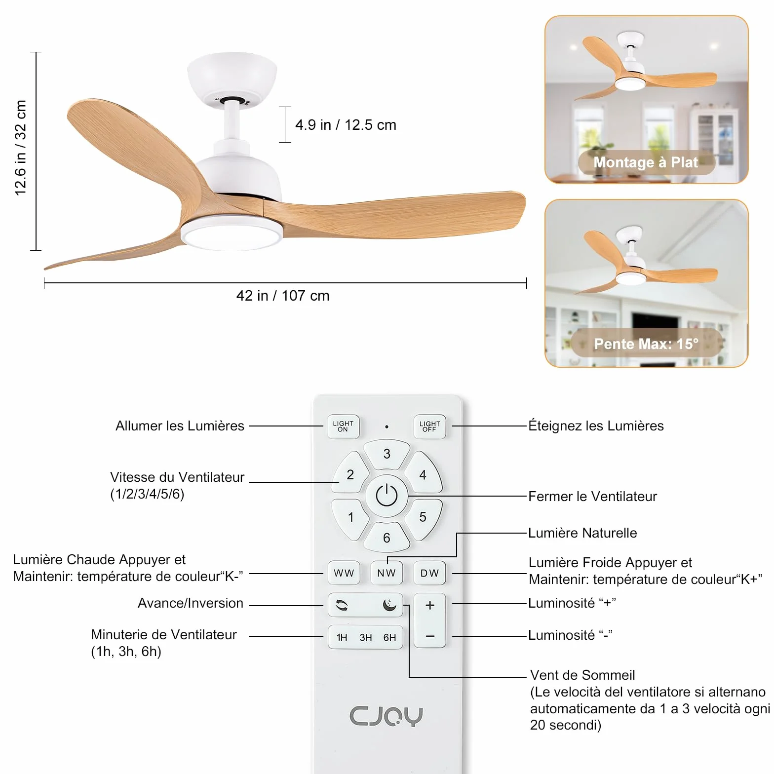 CJOY Ventilateur Plafond avec Lumiere 107cm Bois Telecommande 6 Vitesses Minuterie 3 CCT Dimmable Silencieux