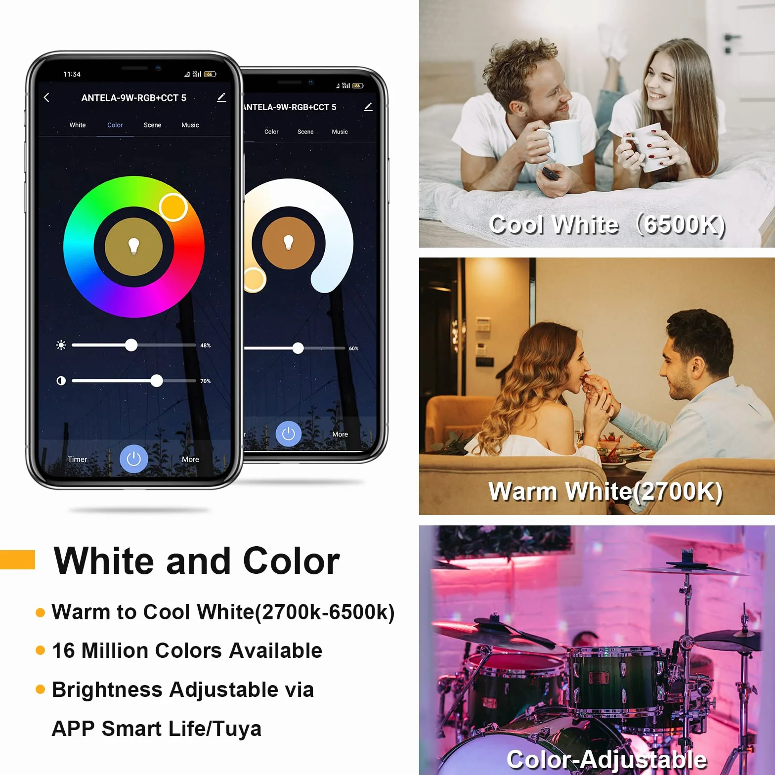 ANTELA Ampoule Connectée Alexa WiFi E27 9W RGB/CCT 2700K-6500K, Ampoule LED Intelligente compatible avec Google Home, Smart Life APP, 2PCs