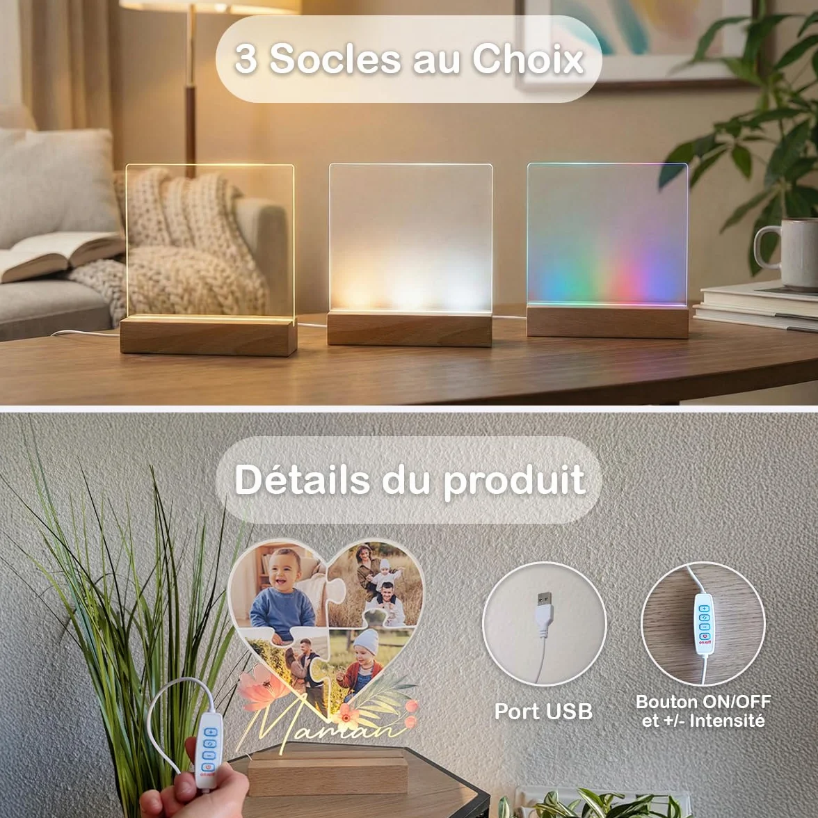 Lampe Photo Personnalisée Papa - Cadeau Fête des Pères - Impression Haute Définition - Socle au Choix