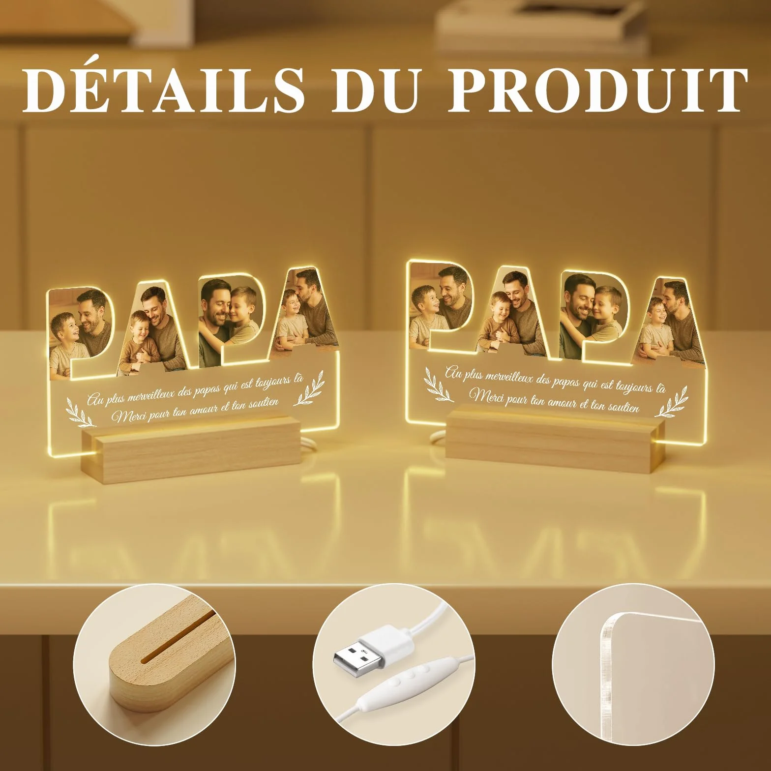 Veilleuse Photo Personnalisée Papa Cadeau Fête des Pères Lampe LED Gravée Photo