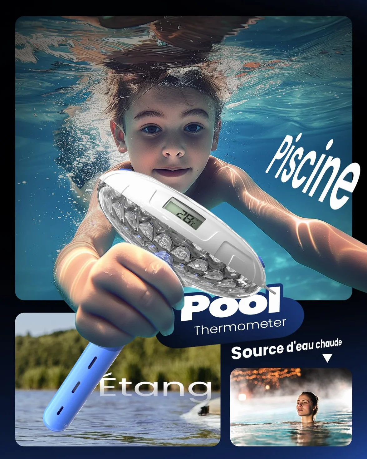 Lampe de piscine solaire avec thermomètre LCD, 8 effets lumineux, étanche IPX7