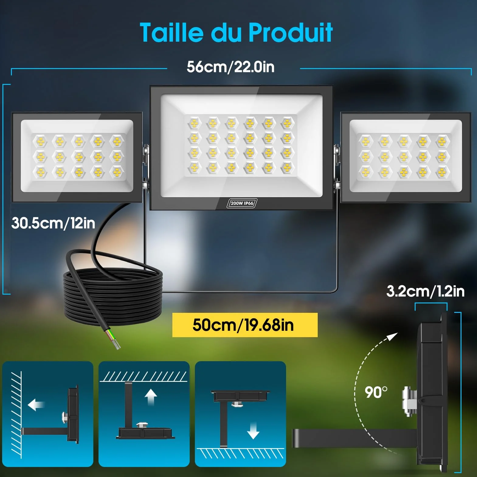 Projecteur LED Extérieur 200W 20000LM 6500K IP65 3 Têtes Réglables