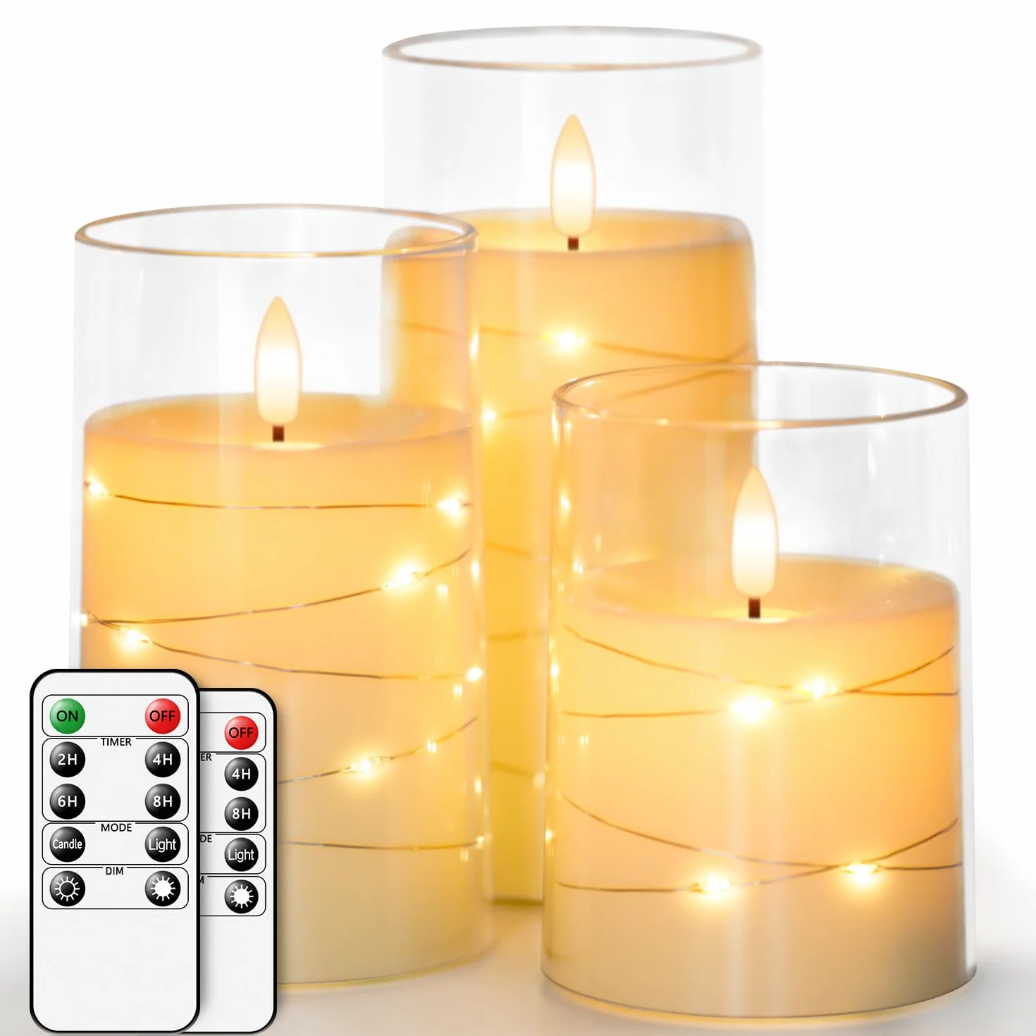 Bougies LED Flamme Vacillante Lot de 3, Bougies à Piles en Verre avec Télécommande et Minuteur, Diamètre 7.6 cm, Hauteur 10.2-15.3 cm, Ivoire