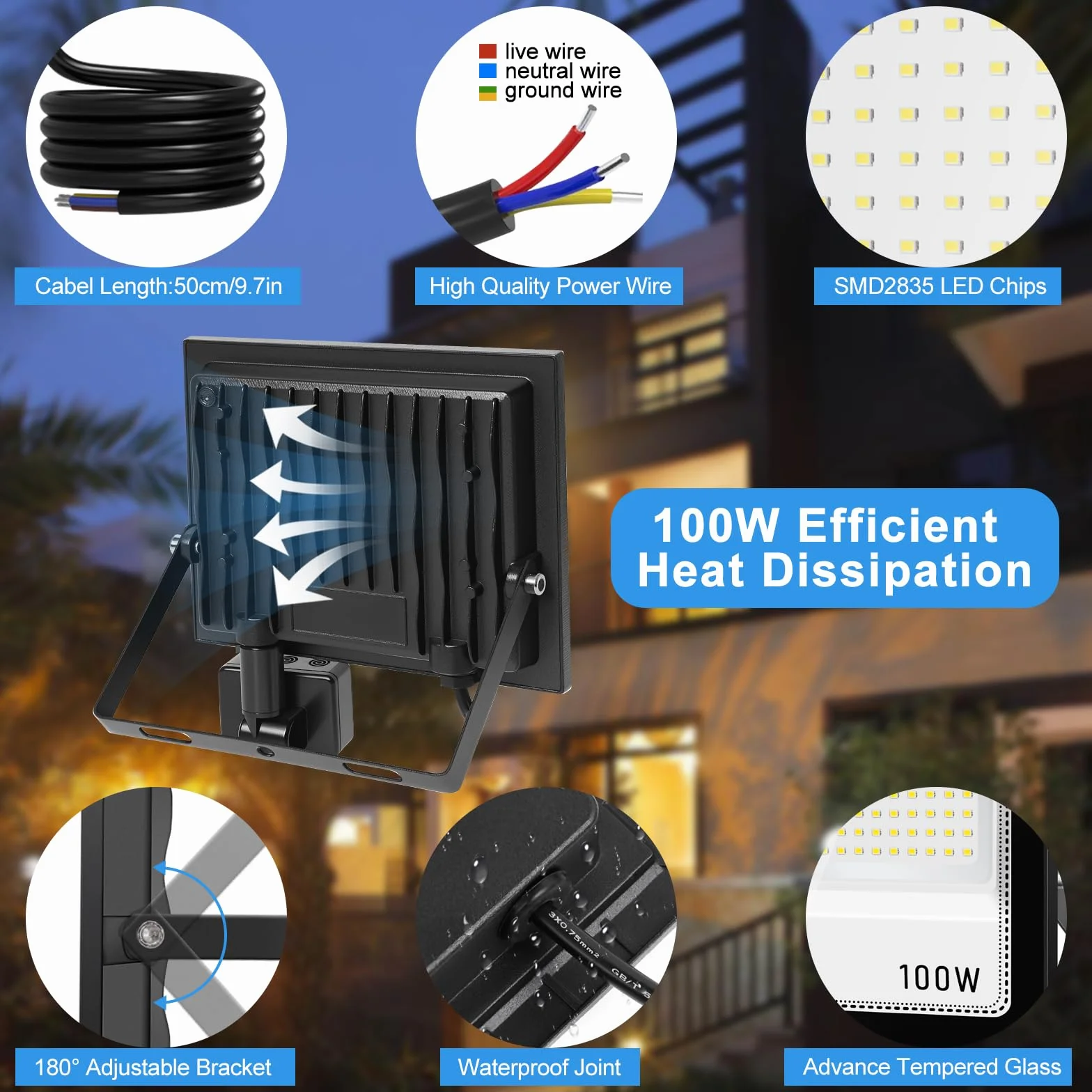 Projecteur LED Extérieur 100W 10000LM Détecteur de Mouvement 7000K IP67