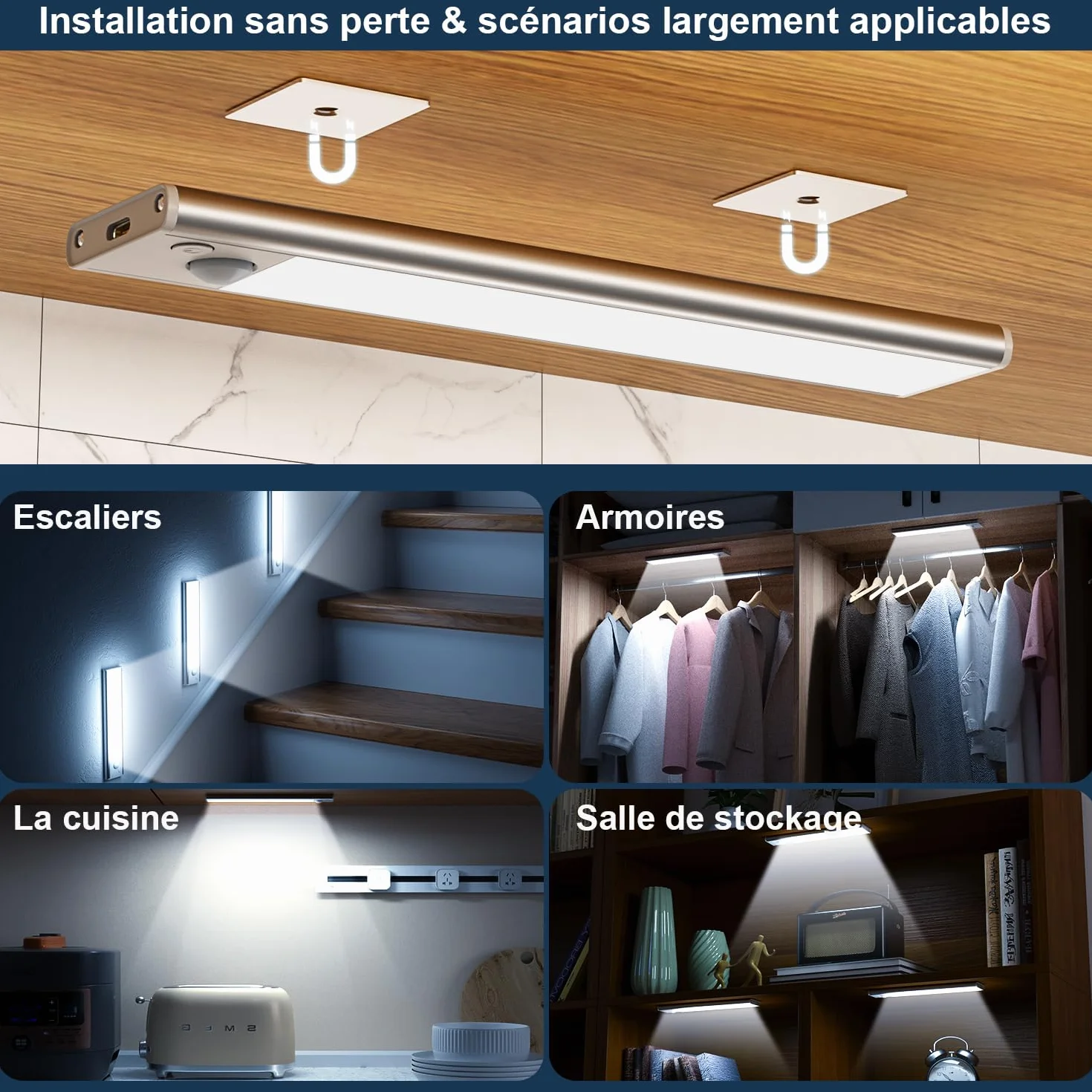 Lampe LED Rechargeable Cuisine Reglette Sans Fil Mouvement Detecteur Lumiere Interieur Sous Meuble Placard Eclairage USB Pile