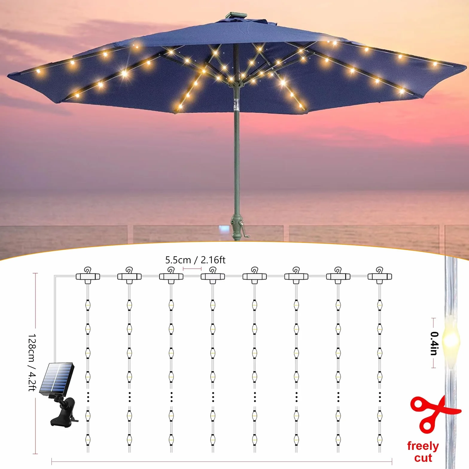 Guirlande Lumineuse pour Parasol 104LED avec Télécommande, Étanche pour Patio et Jardin