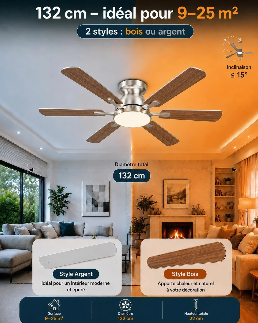 Airwit Ventilateur de Plafond 132 cm avec Lumière LED, Pales Double Face Bois & Argent, Moteur DC Réversible, Télécommande, 6 Vitesses