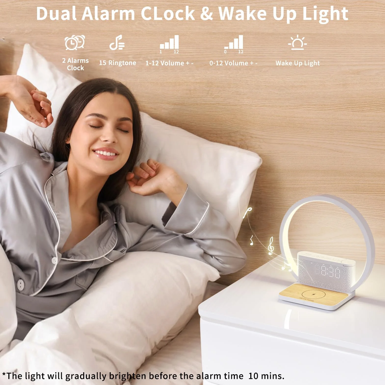 Lampe de chevet tactile avec chargeur sans fil Qi 10W, réveil lumineux 10 sons, 3 niveaux de luminosité chambre