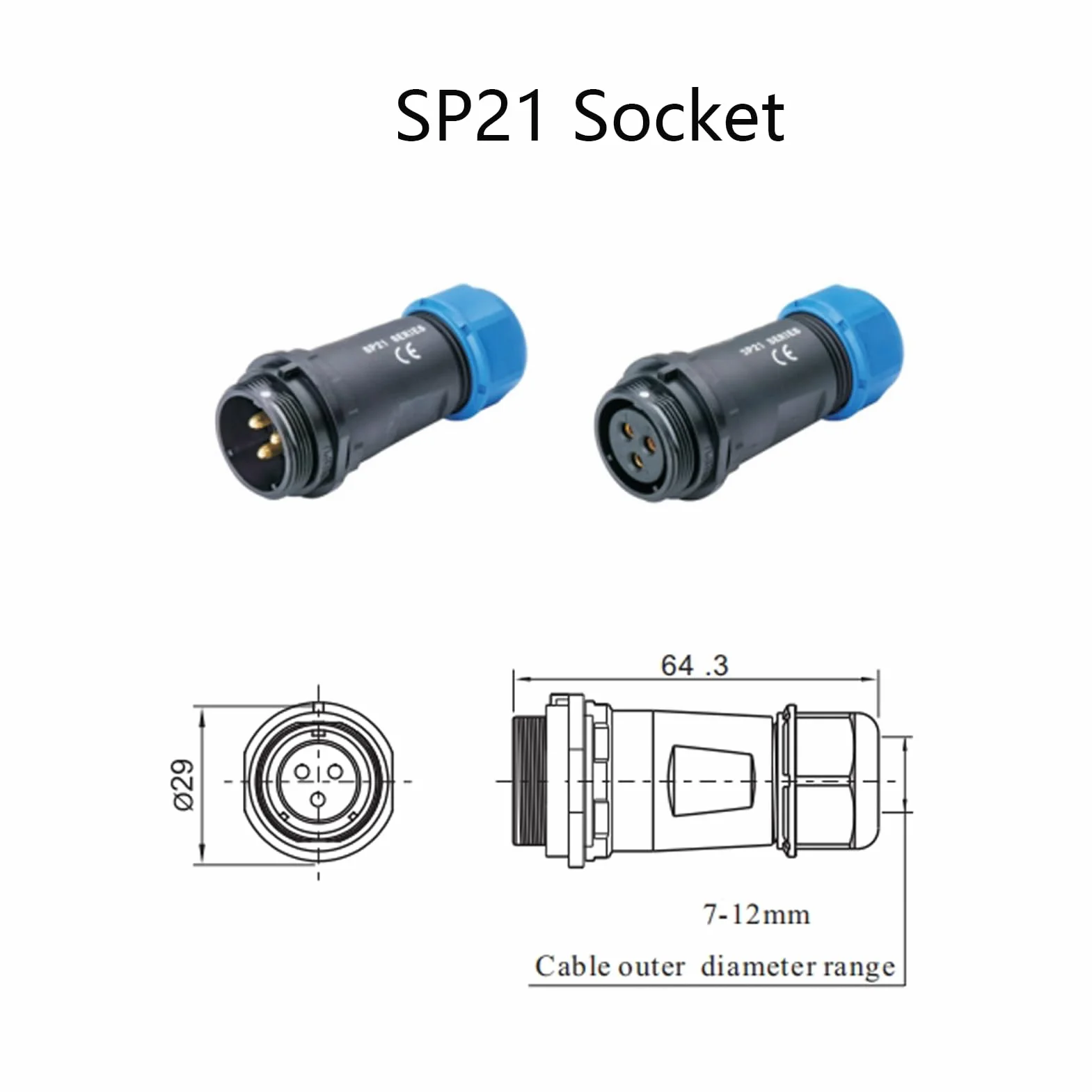 SP21 Connecteur Aviation 3 broches IP68 sans soudure étanche 500V 30A pour lampes extérieur