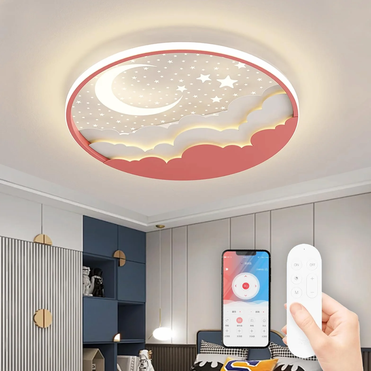 Plafonnier LED Enfants Étoile Lune 40cm Dimmable avec Télécommande 3000-6000K Rose