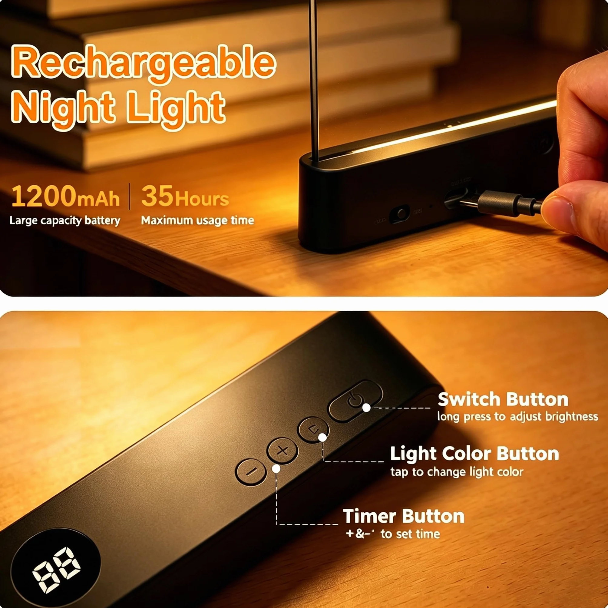Lampe de Lecture LED Plate Grande Taille Rechargeable avec Minuterie 3 Couleurs de Lumière