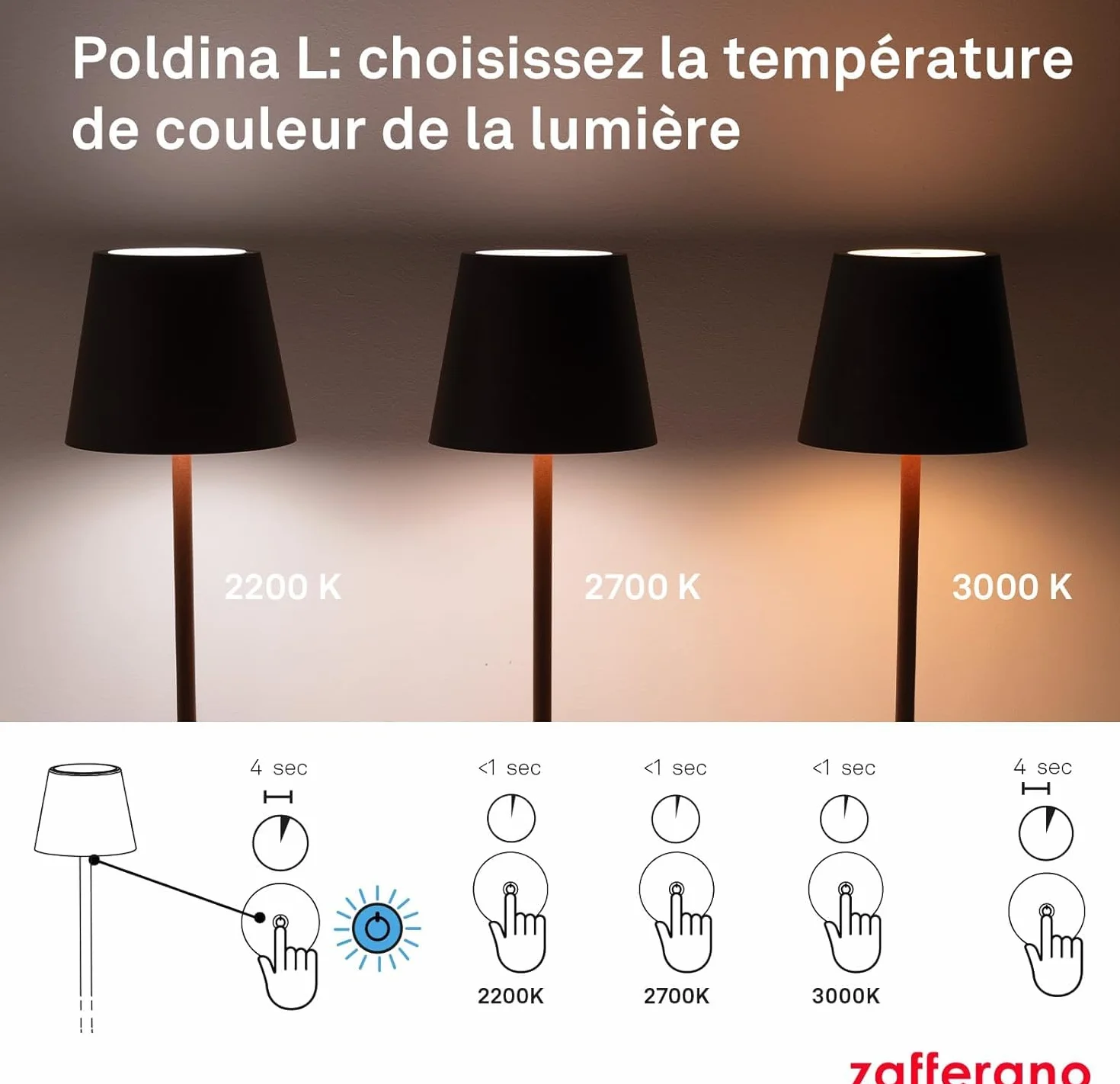 Zafferano Lampada Poldina L Lampadaire Rechargeable Sans Fil Contrôle Tactile Dimmer 2200-3000 K Hauteur Réglable 52-122 cm Couleur Corten