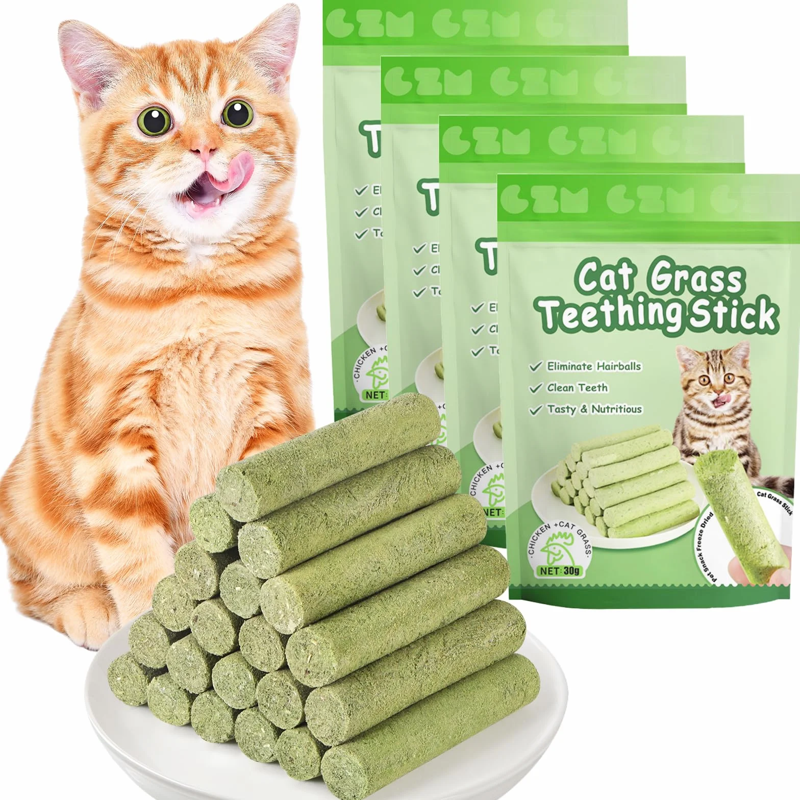 Bâton d'herbe à Chat 24pcs Bandes Lyophilisé Comestible Nettoyage des Dents Élimination Boules de Poils