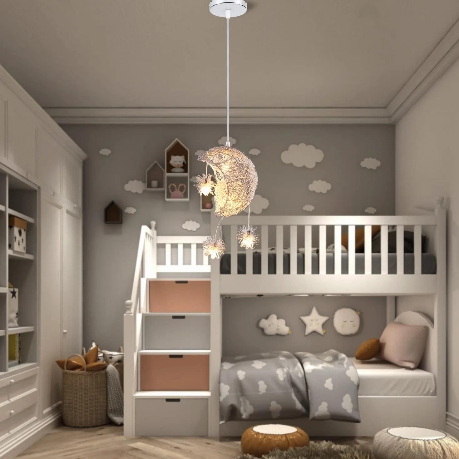 iDEGU Suspension Luminaire Lune Étoiles LED Lustre Plafonnier 5 Ampoules Éclairage Décoration Chambre Enfant 15CM Lumière Blanche Chaude