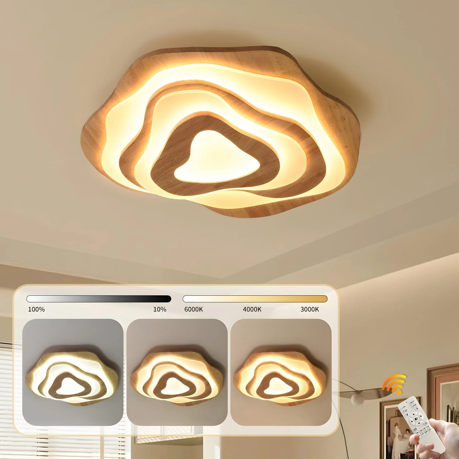 Plafonnier LED En Bois Ø57cm 50W 3500lm Intensité Variable 3000K-6000K Enfant Moderne