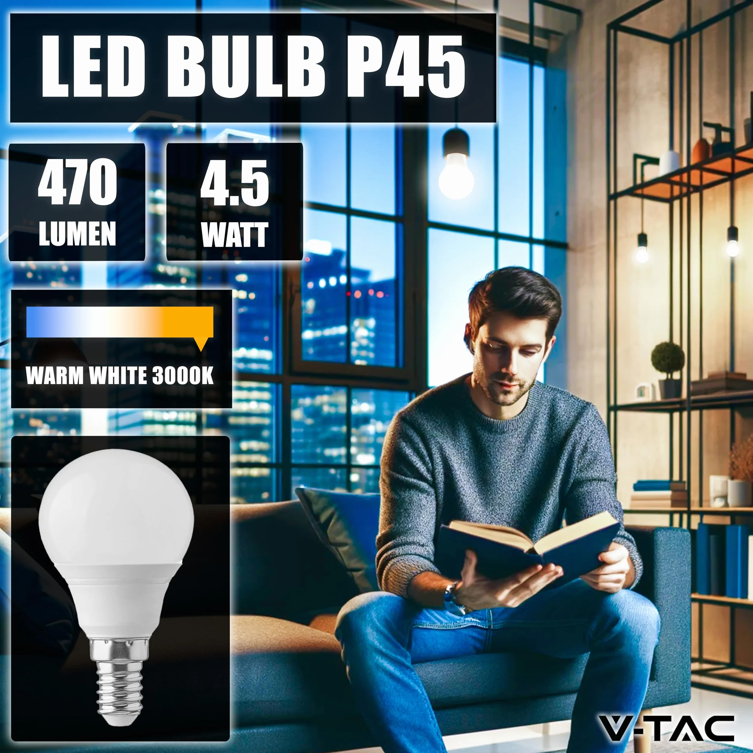 V-TAC Ampoule LED E14 4,5W P45 470 Lumen 3000K Blanc Chaud 180° Lot de 3