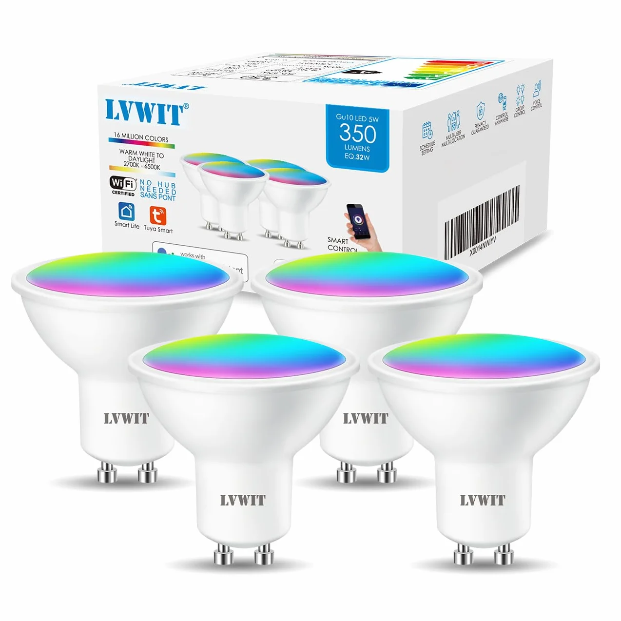 LVWIT GU10 Ampoule Connectée Alexa 4.9W Smart LED WIFI 350Lm Compatible Alexa Google Assistant Lot de 4